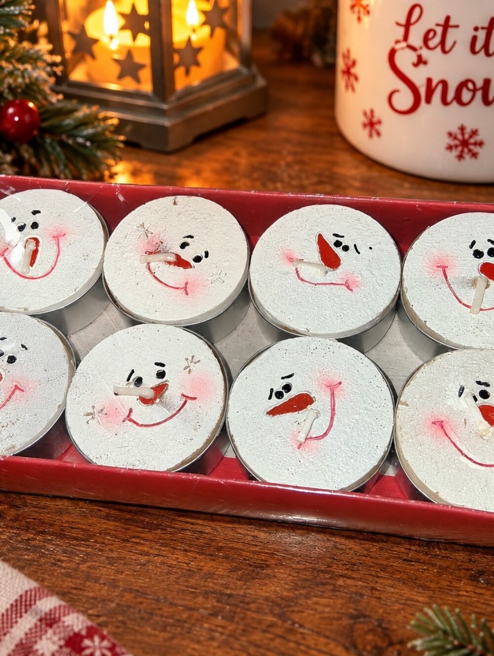 In The Box- Vintage 2006 Santa’s Workbench Snowman Tealight Candles – Set of 8